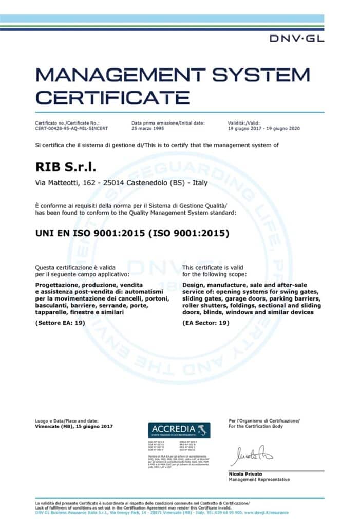CERTIFICATO RIB S r l ISO 9001 2017 06 21 Toàn An Khánh phân phối độc quyền các sản phẩm RIB - Italia tại Việt Nam Toàn An Khánh